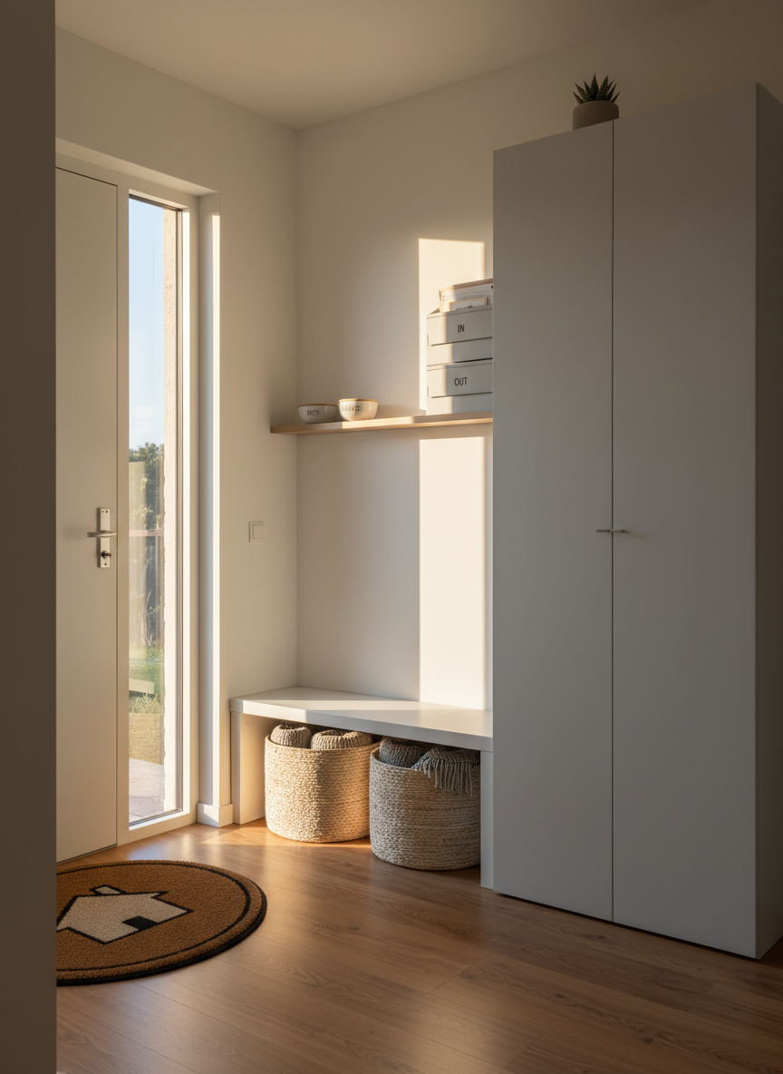 A cozy, small apartment entryway transformed with smart storage: a sleek white bench with woven baskets underneath, a narrow floating shelf above holding labeled key bowls and mail trays, and tall, slim cabinets with matte light-grey doors hiding clutter. A cheerful doormat with a tiny house icon sits on warm wooden flooring. Golden hour sunlight streams in from a side door window, creating a welcoming glow and soft, elongated shadows. Photographic realism at eye level using the rule of thirds, with a tidy, playful atmosphere that highlights how even tight spaces can feel harmonious and organized.