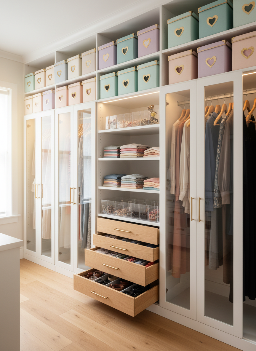 A playful, color-coordinated closet interior with floor-to-ceiling white wardrobes, open to reveal rows of storage boxes with heart-shaped labels, transparent bins of accessories, and perfectly folded clothes arranged by color from light to dark. Smooth wooden hangers hold neatly spaced garments, and slim pull-out drawers showcase organized scarves and belts with adjustable dividers. Soft natural light filters from a nearby window, creating a fresh, optimistic feeling. Shot in photographic realism from a slightly elevated, wide-angle perspective, sharp focus, with a bright, joyful mood that celebrates aesthetic wardrobe organization and maximized vertical space.