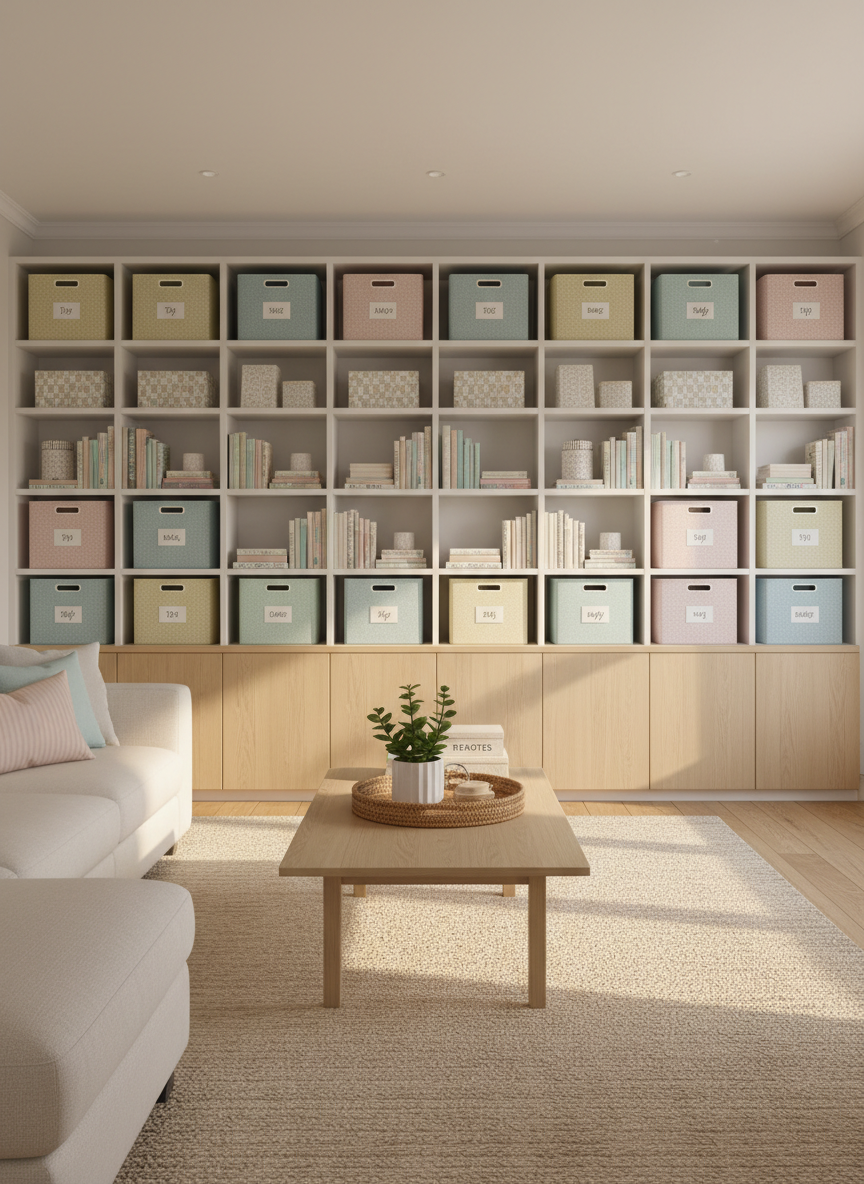 A bright, meticulously organized living room storage wall, featuring a mix of open white shelves and light oak closed cabinets, each cube holding labeled fabric baskets in pastel colors, neatly stacked books, and carefully arranged decorative boxes. A cozy beige rug anchors a low, clutter-free coffee table with a single rattan tray holding a small plant and a remote box. Soft morning light pours through a large unseen window, casting gentle shadows and a calm glow. Photographic realism from a slightly elevated, wide-angle perspective, sharp focus throughout, with a playful, inviting mood that showcases the harmony between aesthetics and ultra-practical everyday storage.