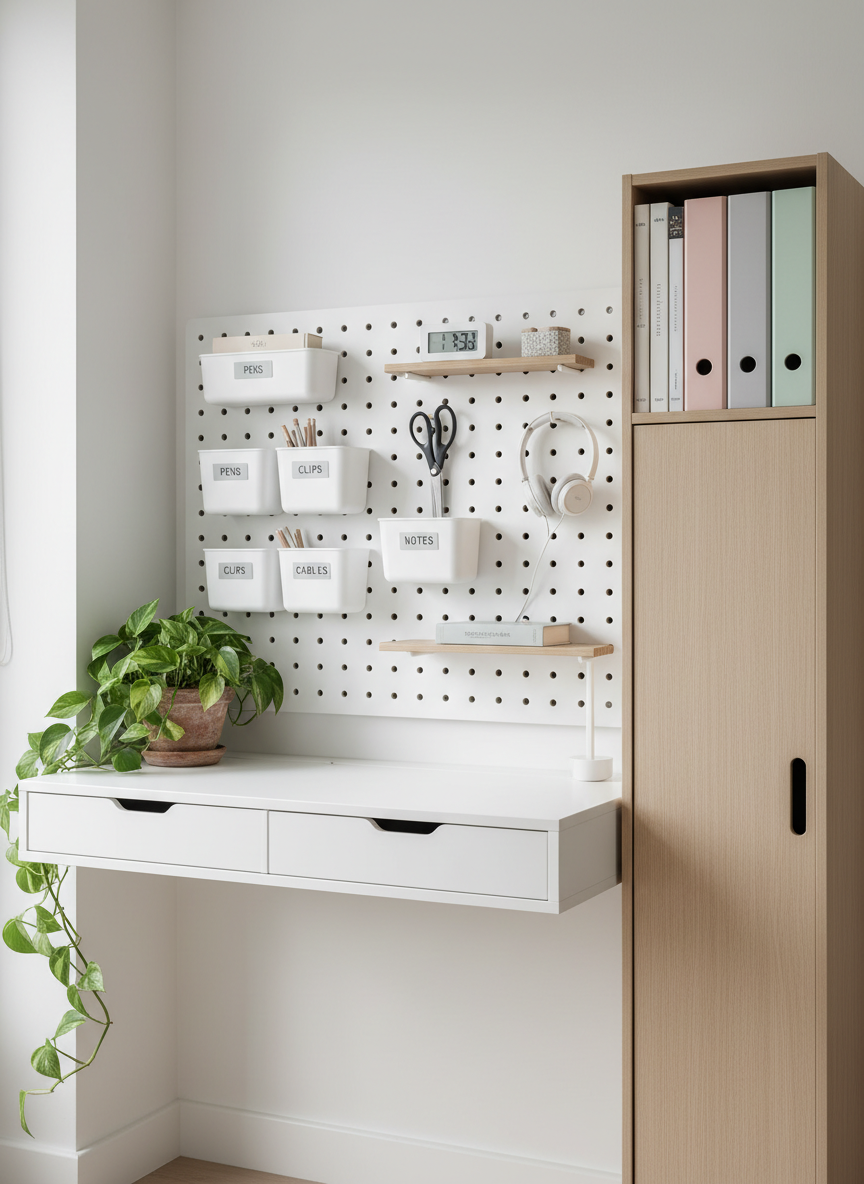 A serene, minimalist home office corner carved out of a small nook, featuring a floating white desk with hidden cable channels, a pegboard wall organized with labeled containers and small shelves, and slim file boxes tucked perfectly into a narrow side cabinet. A single trailing plant in a simple terracotta pot softens the clean lines. Indirect daylight from an off-frame window bathes the scene in soft, even light, with barely-there shadows. Photographic realism, eye-level composition, clean and modern aesthetic, with a calm yet playful mood that shows how thoughtful organization can make a tiny workspace feel spacious and inspiring.