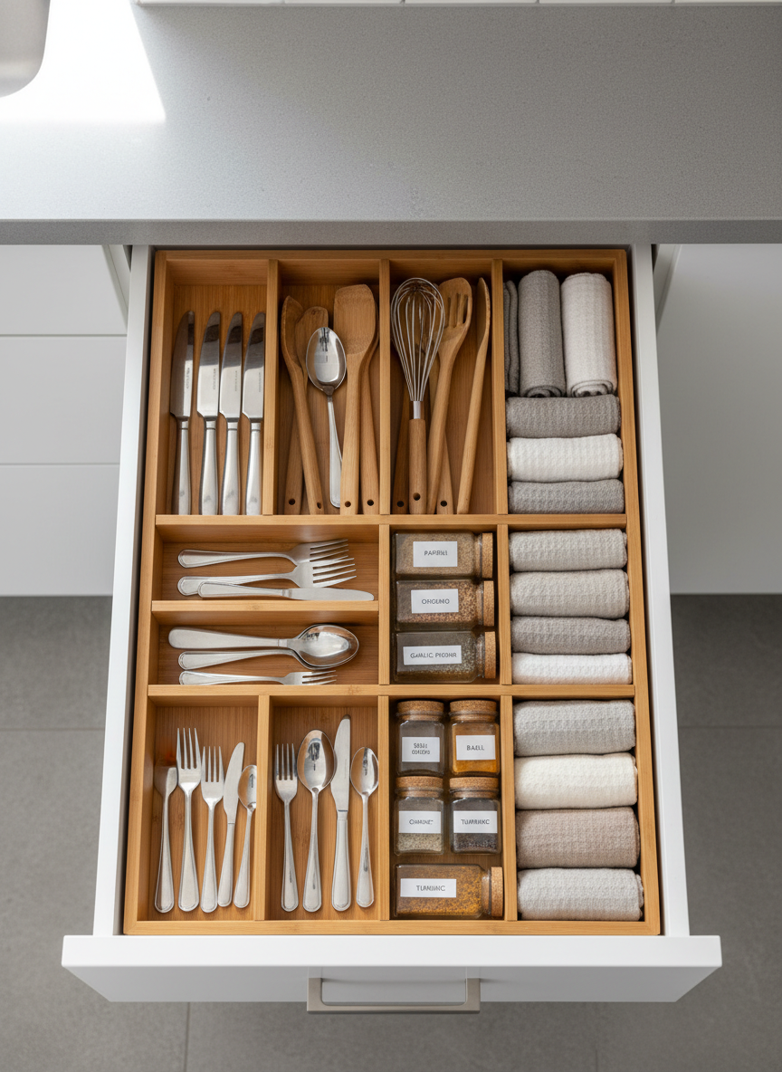 An overhead, bird’s-eye view of a perfectly organized kitchen drawer, lined with light bamboo dividers holding neatly arranged cutlery, utensils, spice jars with clear labels, and folded dish towels in coordinated neutral tones. The smooth white drawer fronts and matte quartz countertop frame the composition, while a hint of a tidy backsplash with subway tiles appears at the top edge. Soft, diffused daylight from a nearby window creates delicate highlights on metal and glass surfaces. Photographic realism, crisp, clean, and modern, with a playful yet satisfying mood that emphasizes the pleasure of well-structured, intuitive kitchen storage.